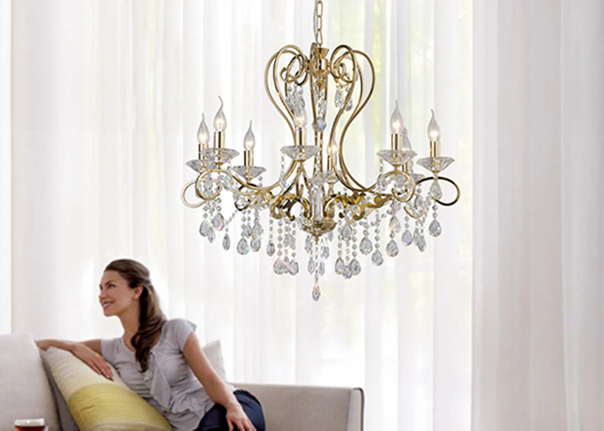 Vela French Gold Crystal Ceiling Lights Diyas Multi Arm Crystal Fittings